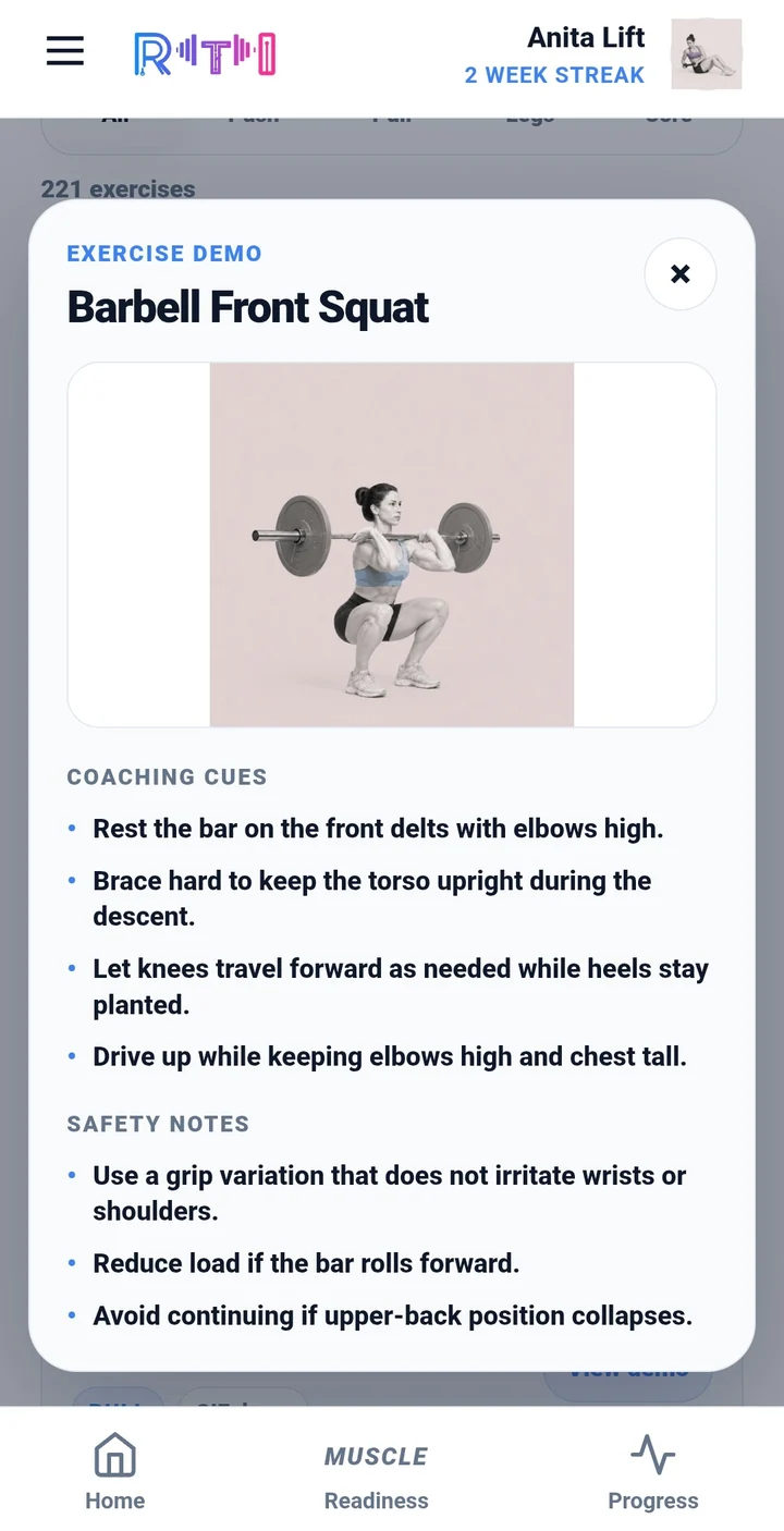 RTI exercise demo with front squat guidance, coaching cues and safety notes