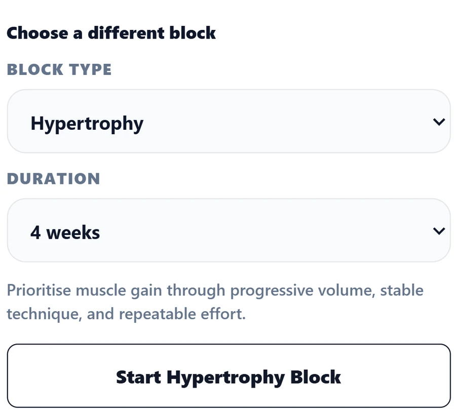 Choose a different coaching block: Hypertrophy with a four-week duration