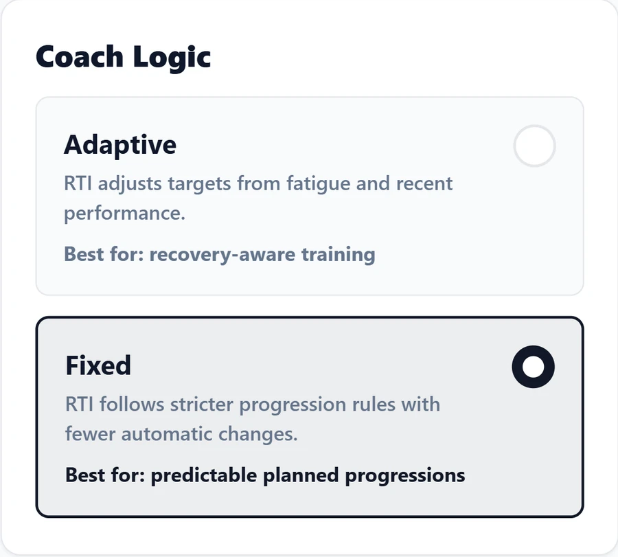 Coach Logic showing Adaptive and selected Fixed progression rules