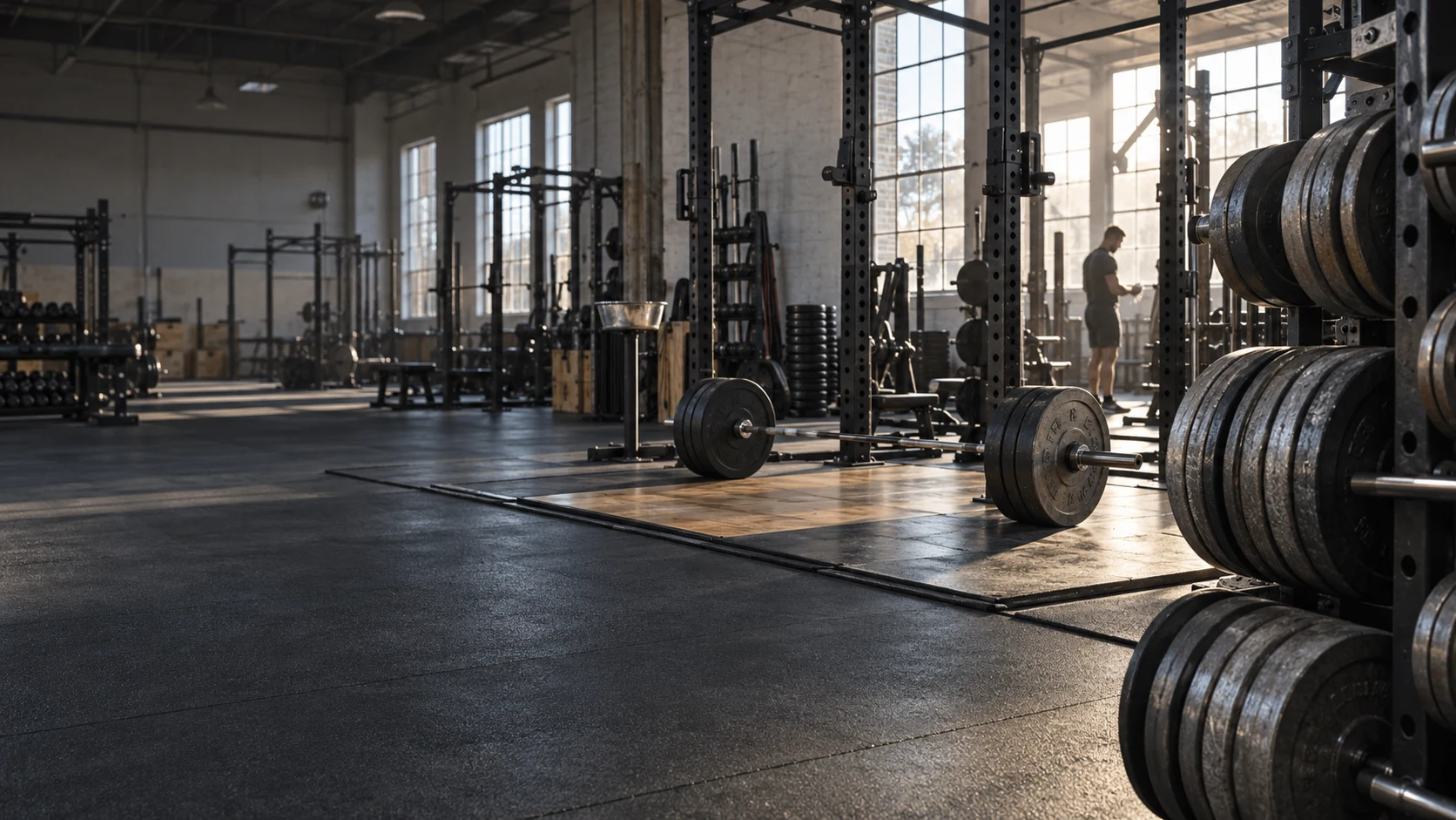 Iron plates, heavy steel racks and a wooden lifting platform with a backlit male lifter in the background
