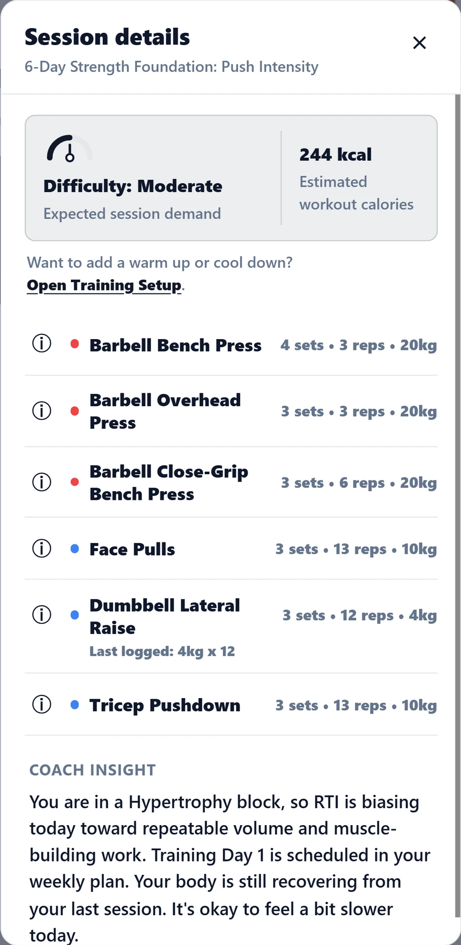 Push Intensity session preview with exercises, set counts and coaching insight