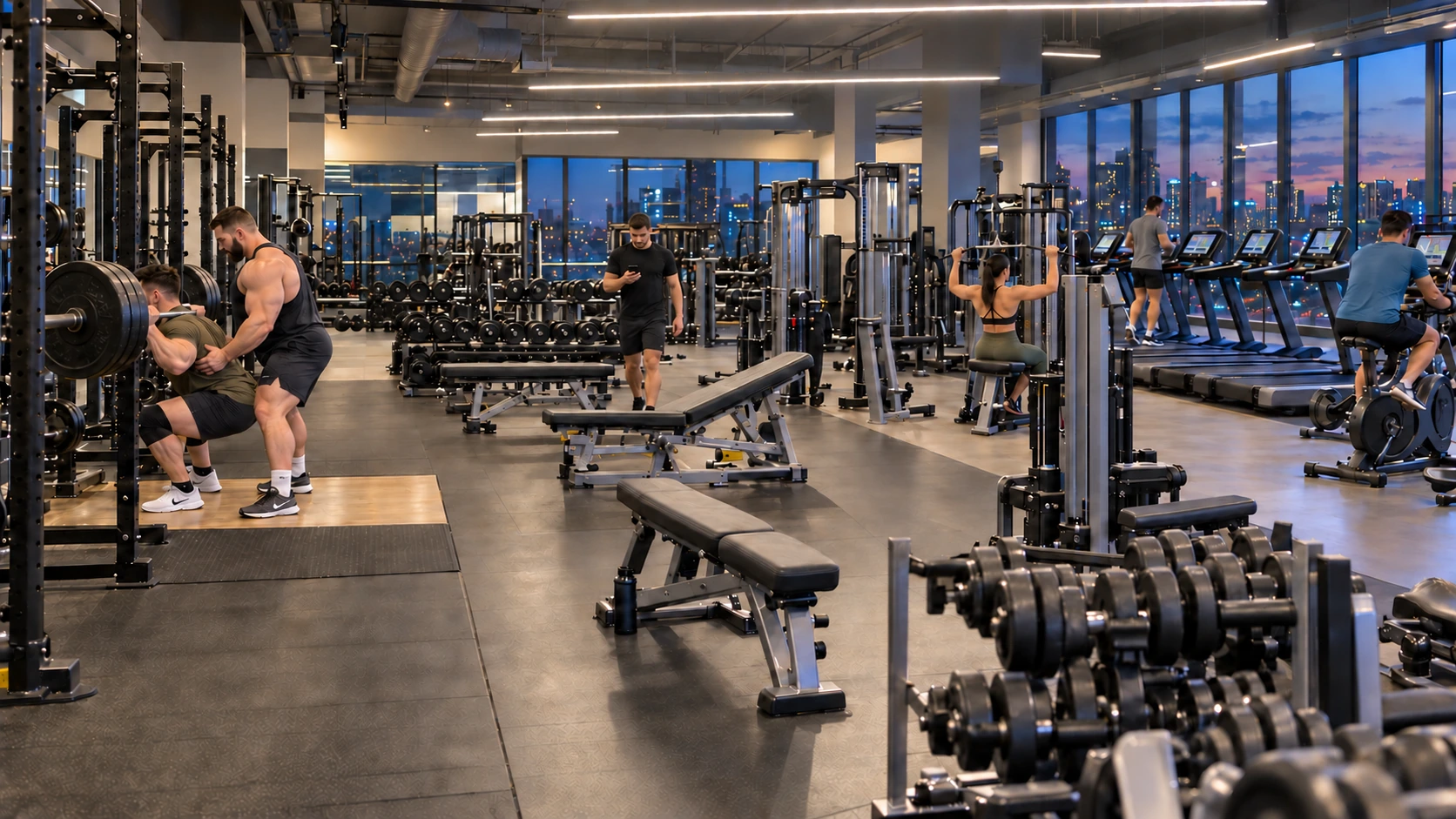 Evening gym with people using free weights, strength machines and cardio equipment