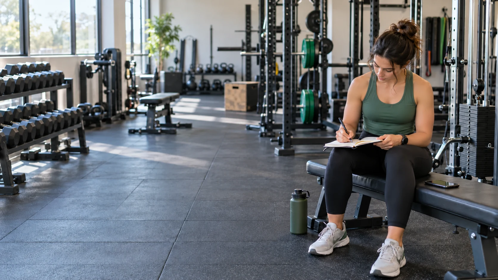 Woman recording her workout in a notebook between sets in a bright strength-training gym