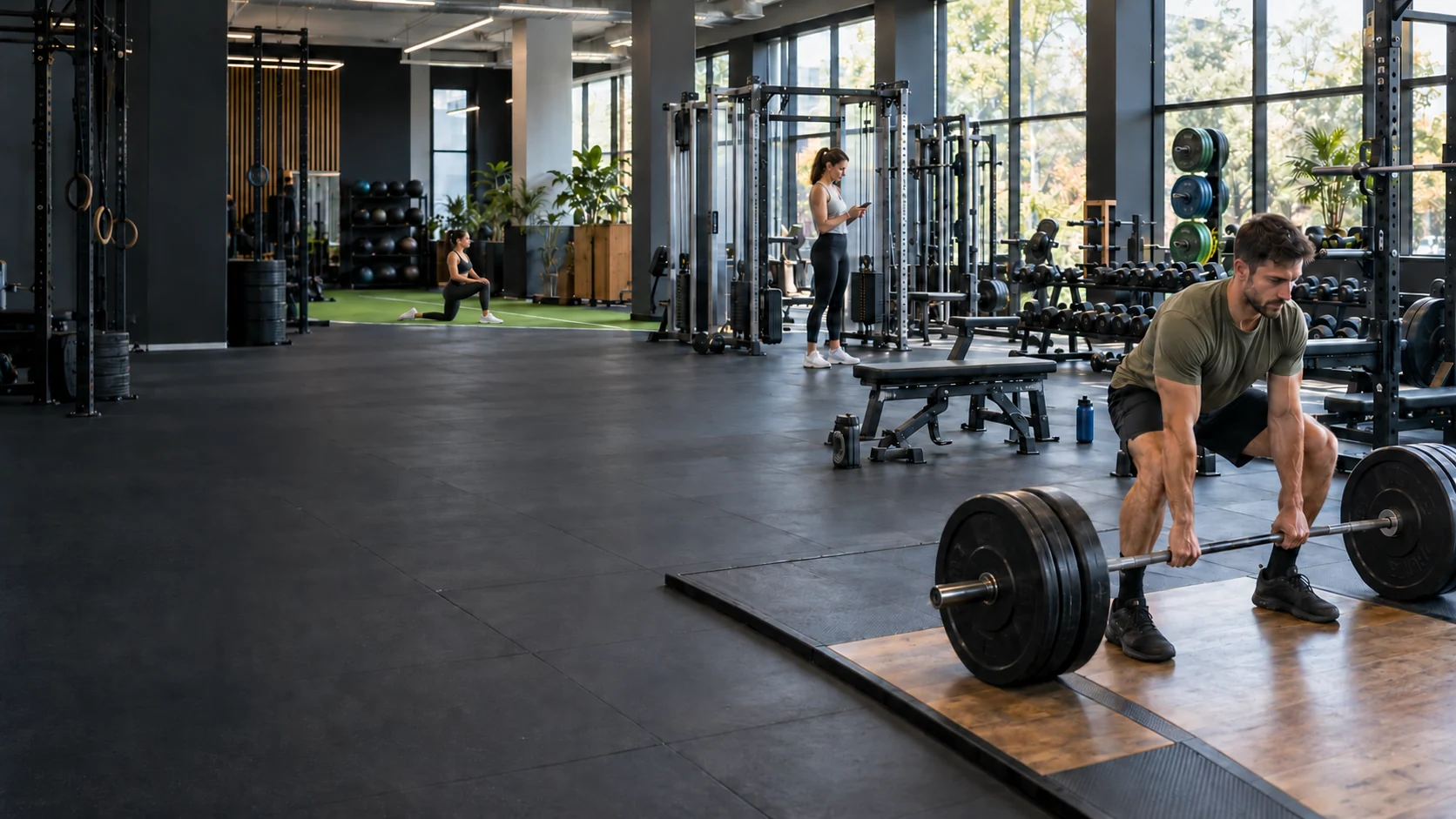 Adults of different ages and experience levels training independently in a modern gym