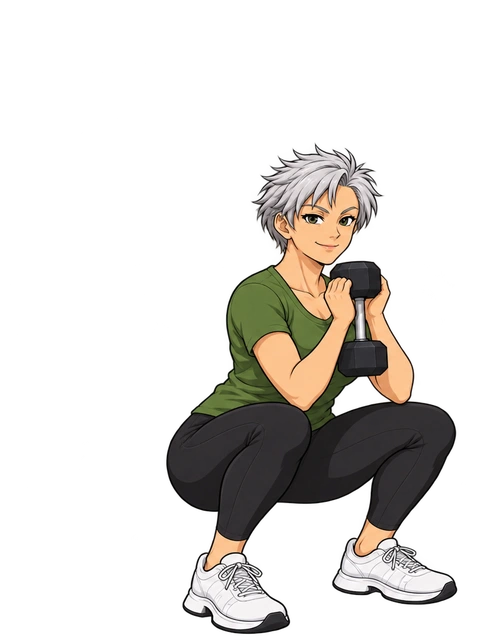 Anime illustration of Clare holding one dumbbell during a goblet squat