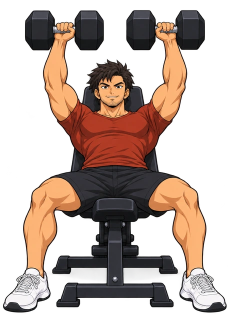 Anime illustration of Daniel seen directly from the front pressing two dumbbells on an incline bench