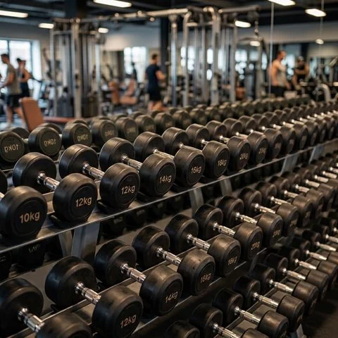 A range of dumbbell weights in a working gym
