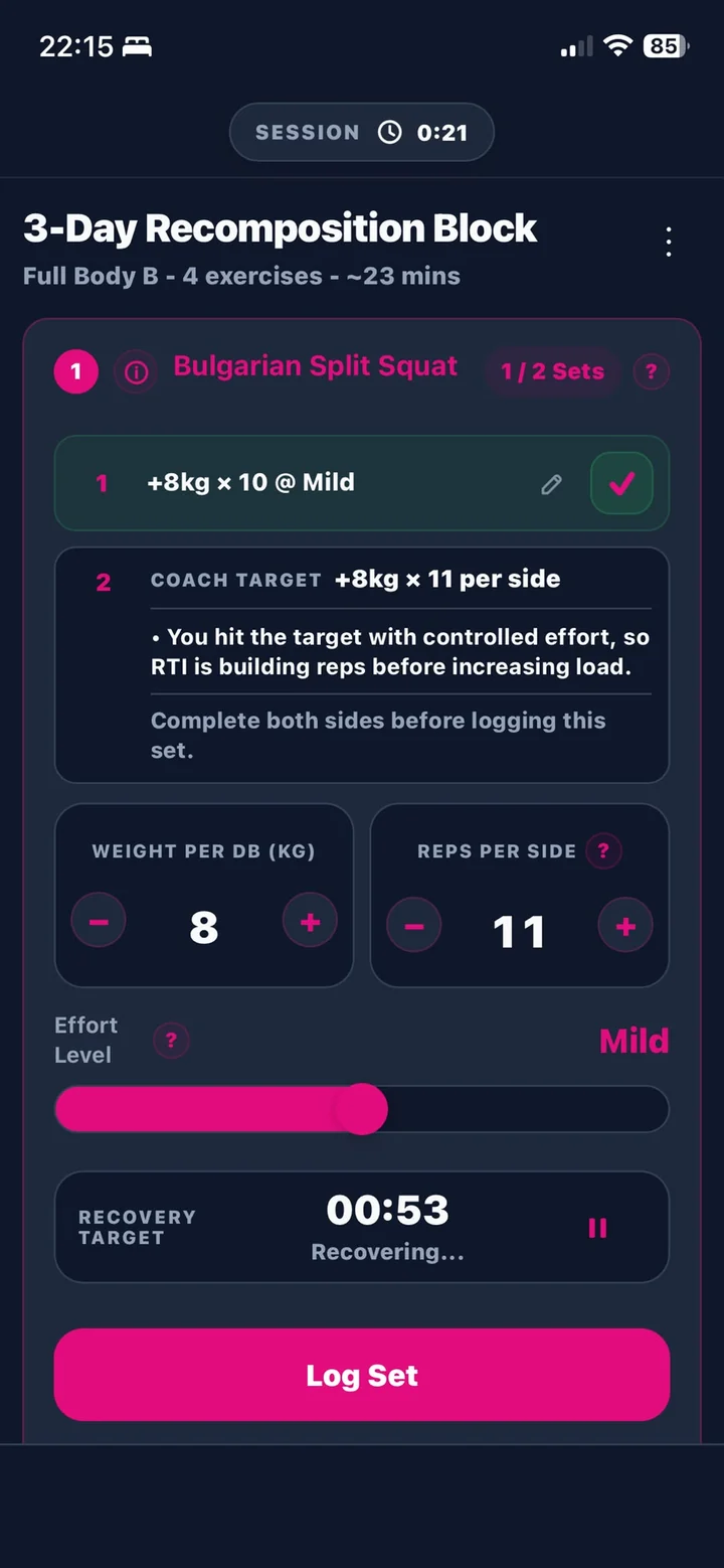 RTI Coach active workout showing prescribed weight, reps, rest and progression guidance