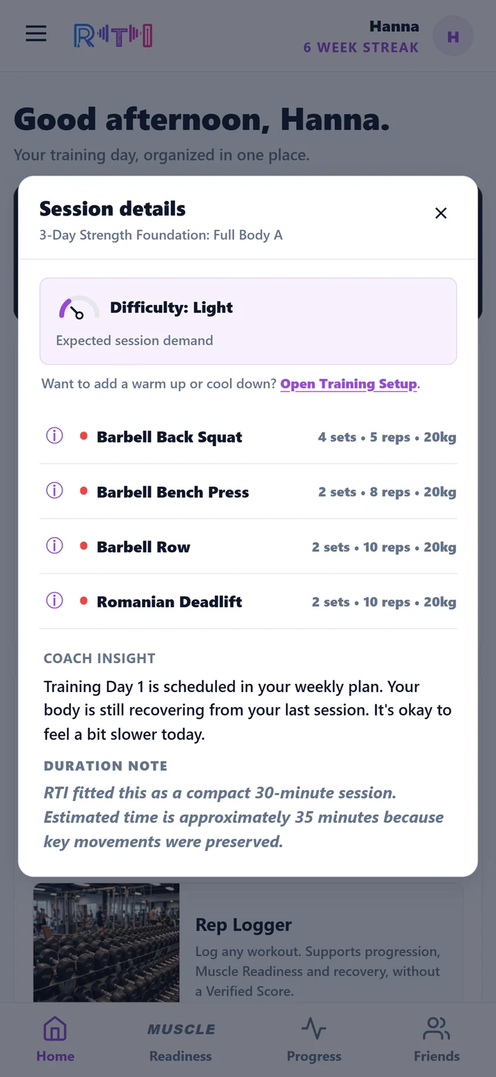 RTI coached Home session showing exercises, expected demand and coach insight