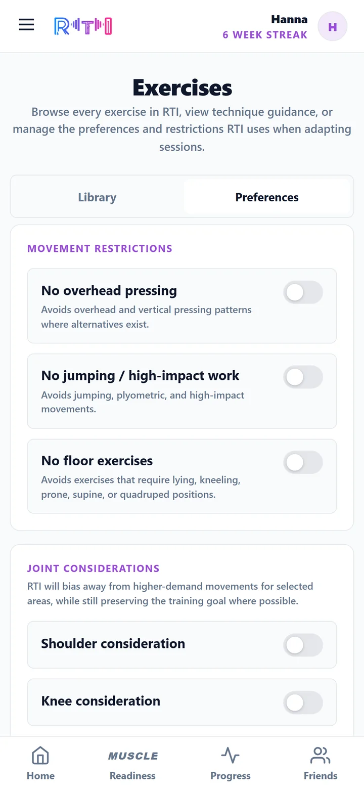 RTI exercise preferences showing movement restrictions and joint considerations