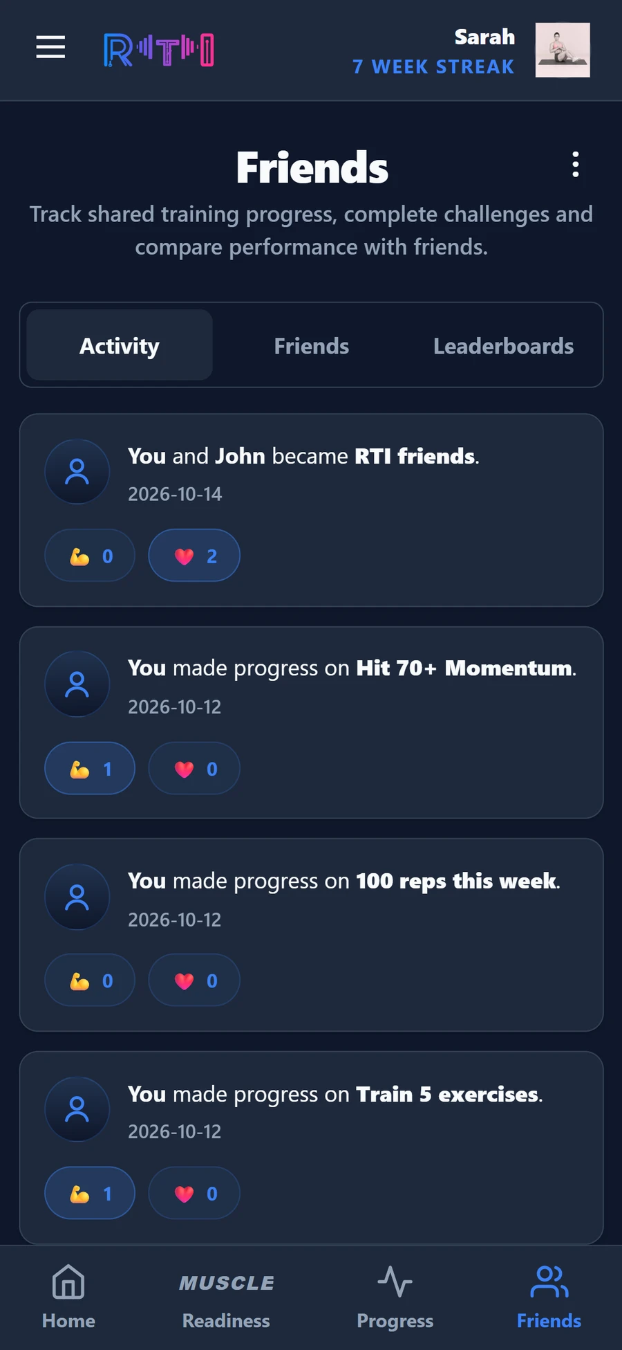 Friends activity feed with shared challenge progress and Strong and Heart reactions