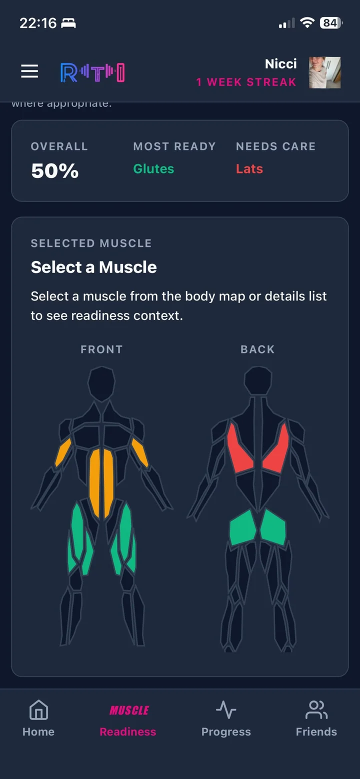 RTI muscle readiness screen showing recovery percentages and body maps