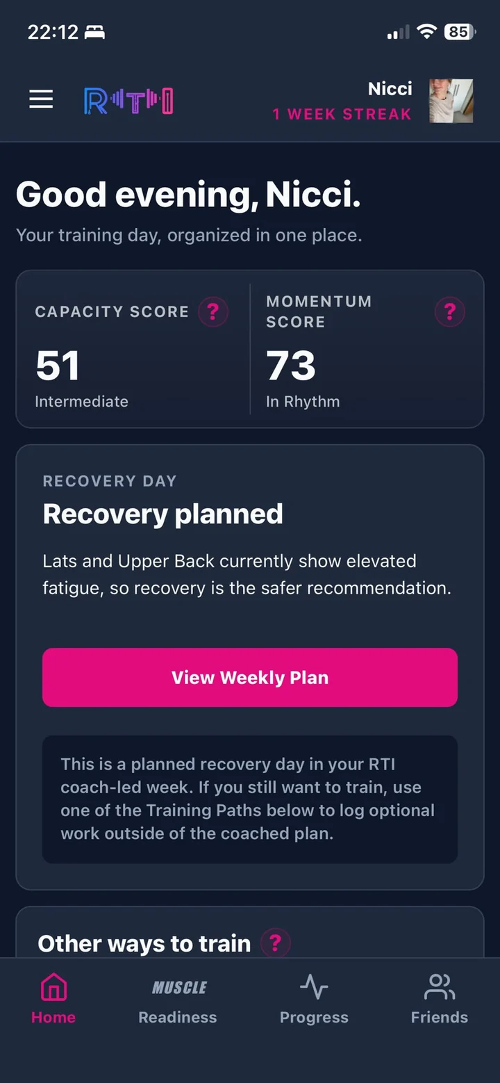 RTI home screen showing a planned recovery day within the training week