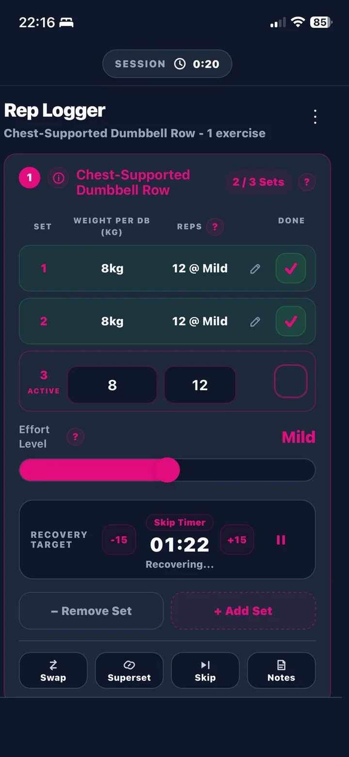 RTI Rep Logger workout tracker showing exercises, working sets, repetitions and weight