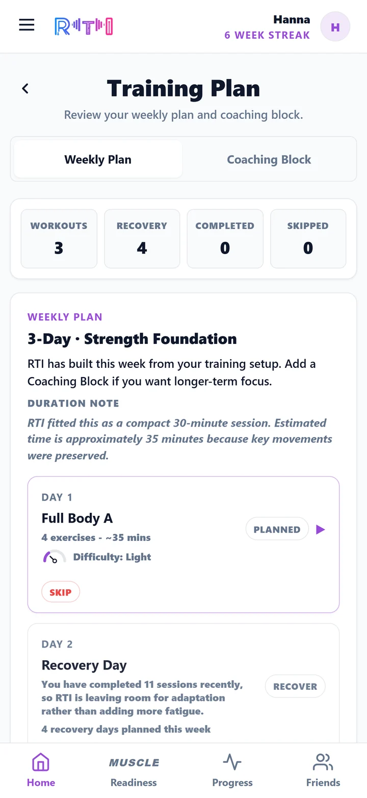 RTI weekly training plan showing planned workouts, recovery and coaching insight