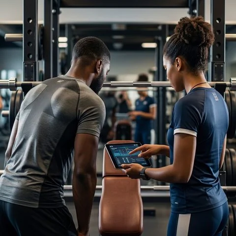 Two adults reviewing training guidance beside a squat rack